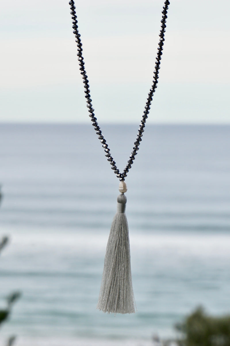 Pewter Beaded Pearl Tassel Necklace