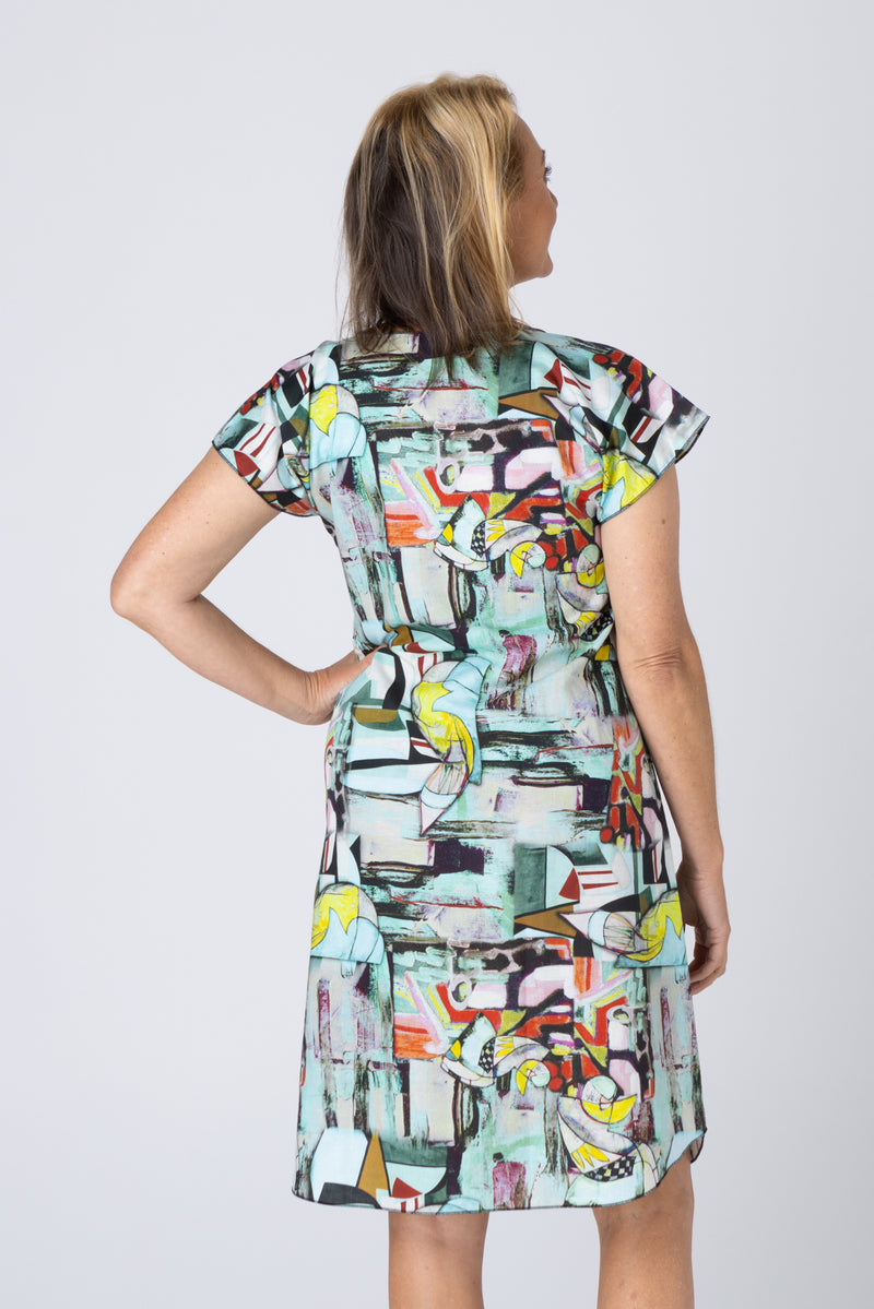 Picasso Print Linen/Silk Short Sleeve Dress