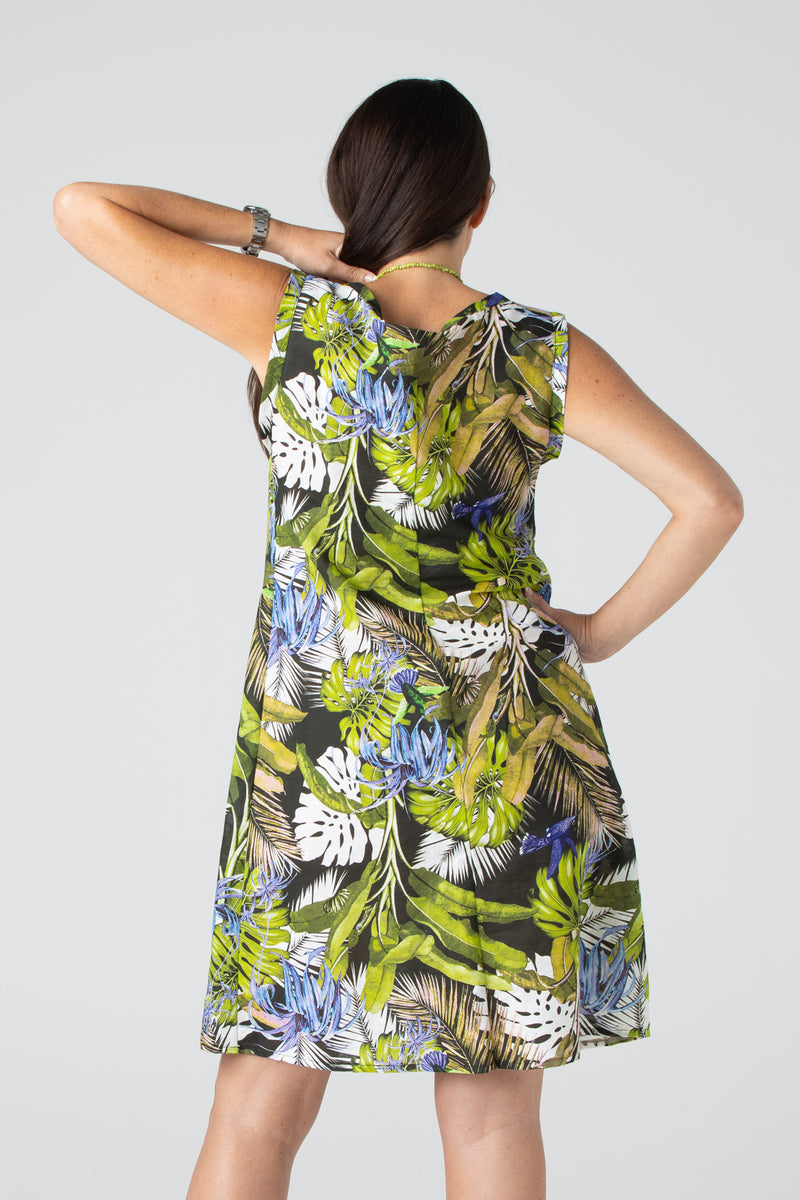 Rainforest Print Linen Silk Sleeveless Dress