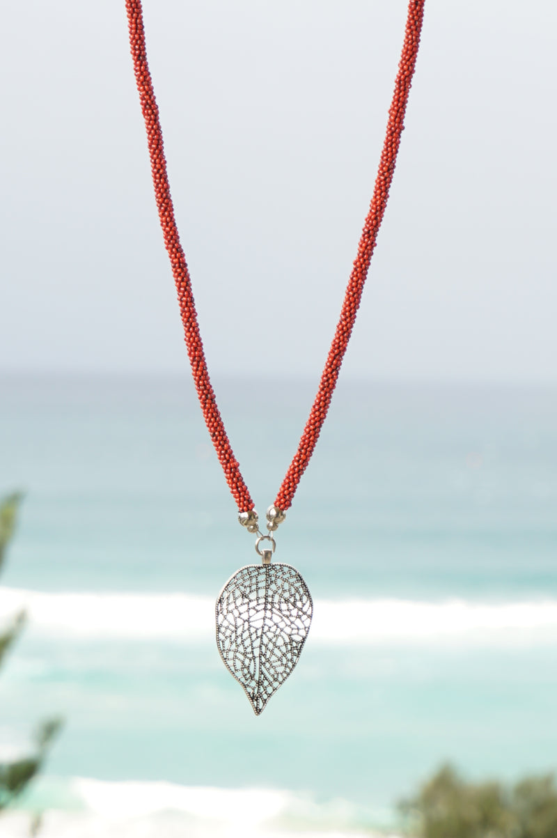 Red Beaded Leaf Pendant Necklace