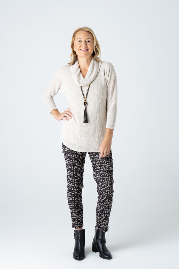 Sand Cowl Neck Poly/Rayon Knit 3/4 Sleeve Top
