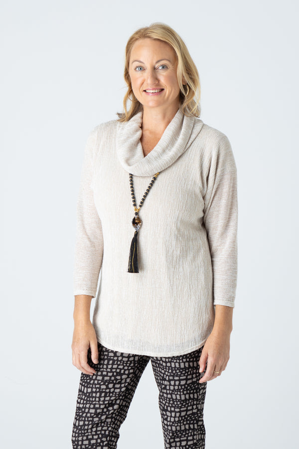Sand Cowl Neck Poly/Rayon Knit 3/4 Sleeve Top
