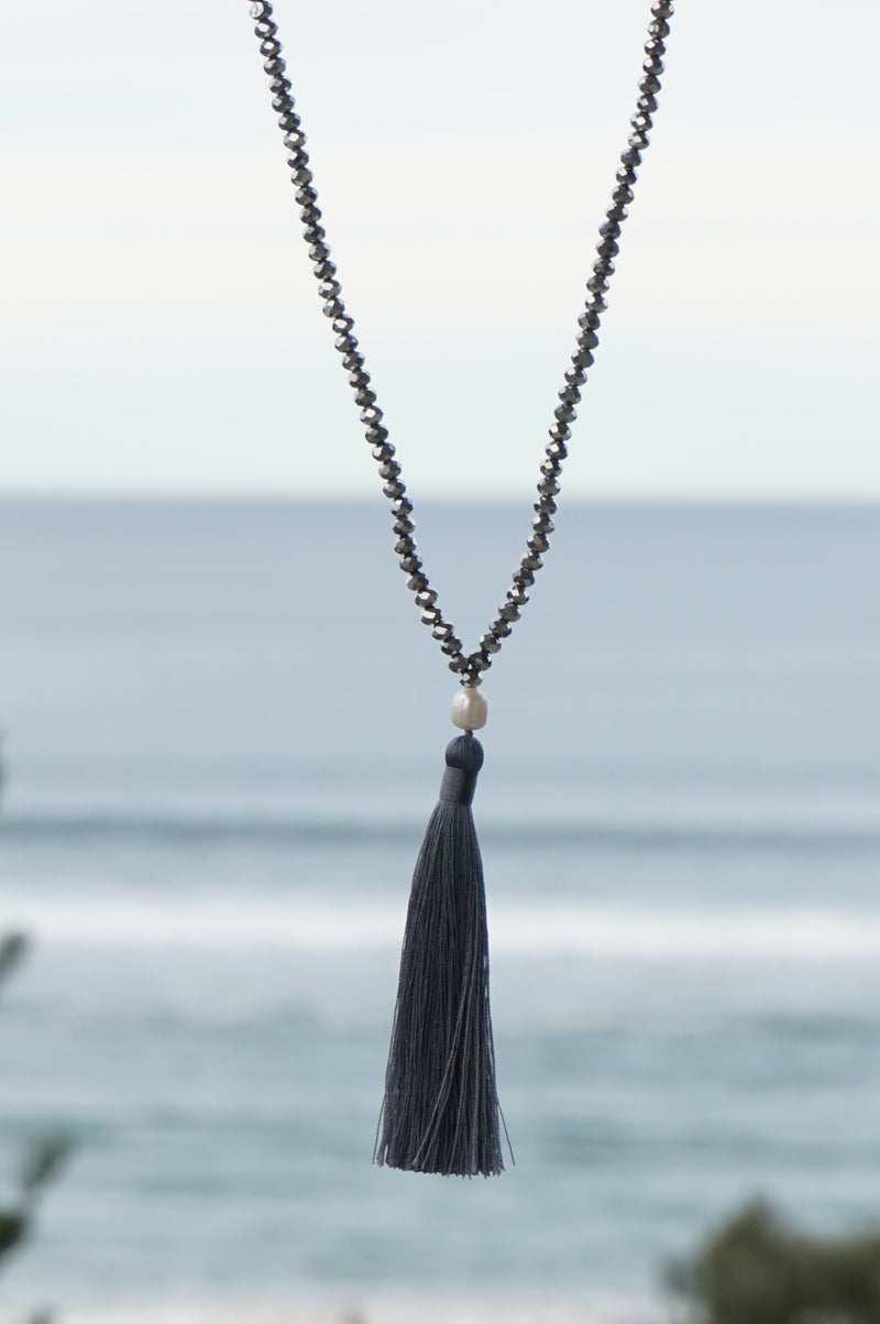 Silver Beaded Pearl Tassel Necklace