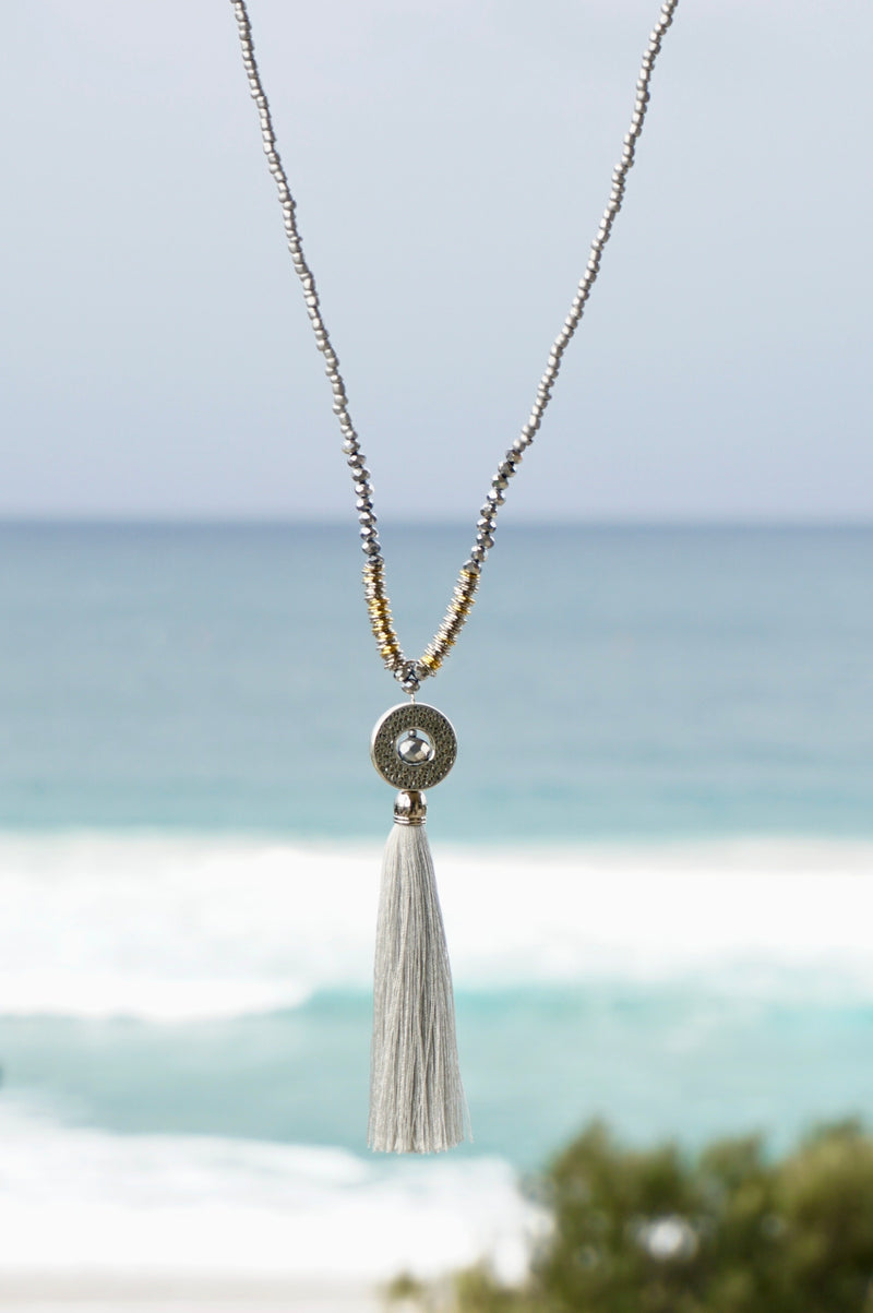 Silver Circle Pendant Tassel Necklace