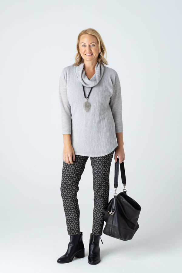 Silver Cowl Neck Poly/Rayon Knit 3/4 Sleeve Top