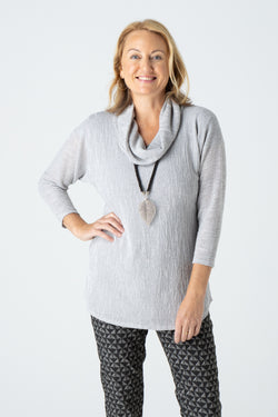 Silver Cowl Neck Poly/Rayon Knit 3/4 Sleeve Top