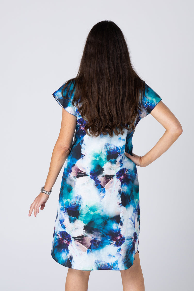 Studio Print Linen/Silk Short Sleeve Dress