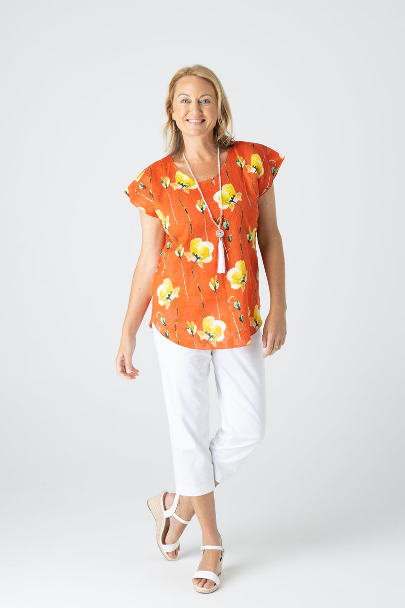 Tangerine Print Short Sleeve Non-Crush Jacquard Cotton Top
