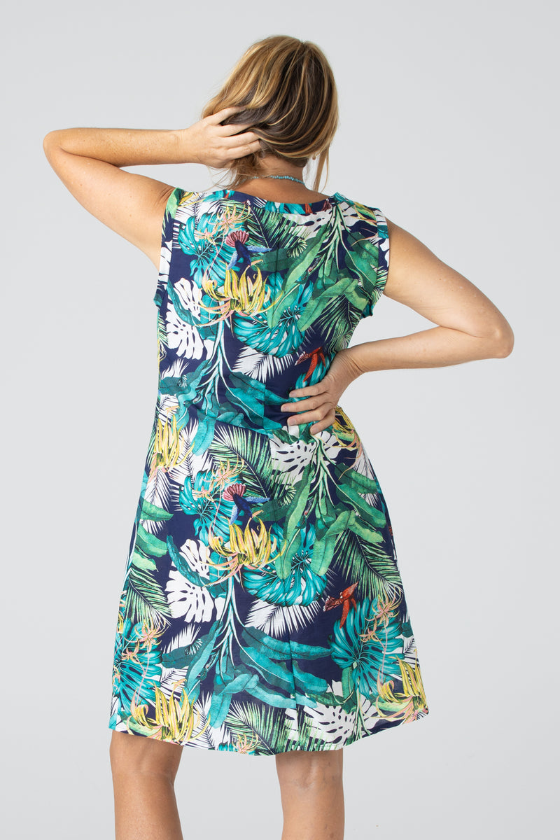 Tropic Print Linen Silk Sleeveless Dress