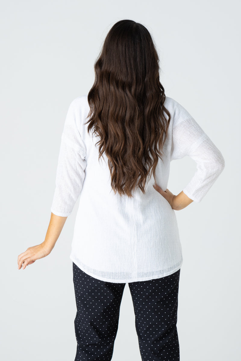 White Feature Stitched Poly/Rayon Knit 3/4 Sleeve Top
