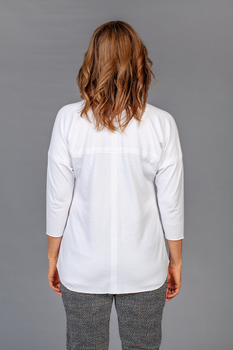 White Feature Stitched Poly/Cotton 3/4 Sleeve Top